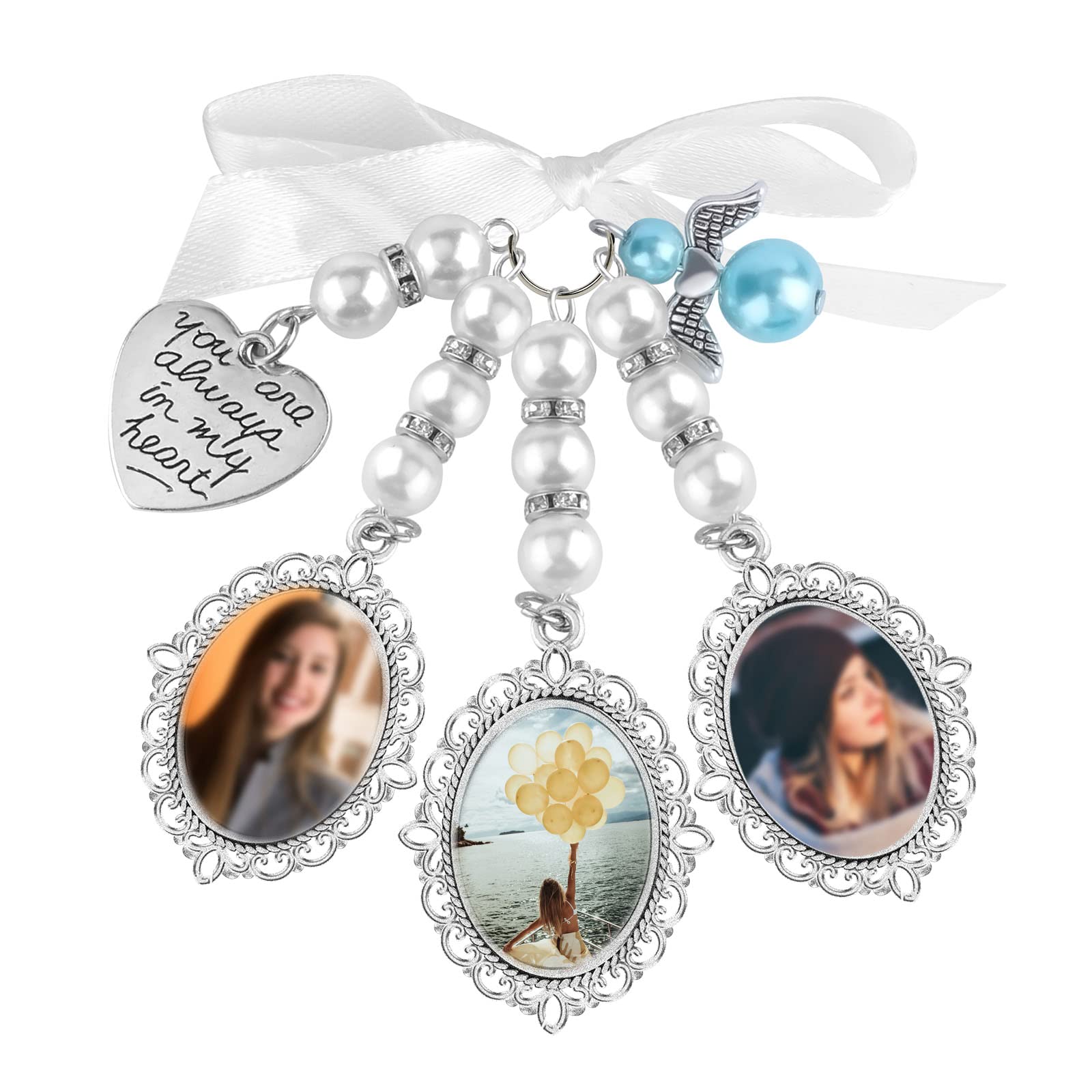 SAVITA 1 x Wedding Bouquet Photo Charm with 3 x Photo Frames 3 x Oval Cabochons Charm Bridal Bouquet with Bow Butterfly Rhinestone Pearl Pendant in Court Shape for Bridal Shower, Steel, Alloy Steel