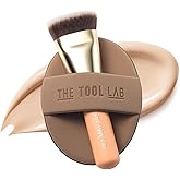 THE TOOL LAB All Day Fitting Duo (Glow type) - Premium Base Makeup Set for Liquid Cream Powder Foundation, Buffing Blending Face Brush, Sponge, Portable Case - 1.1" Flat Top Brush
