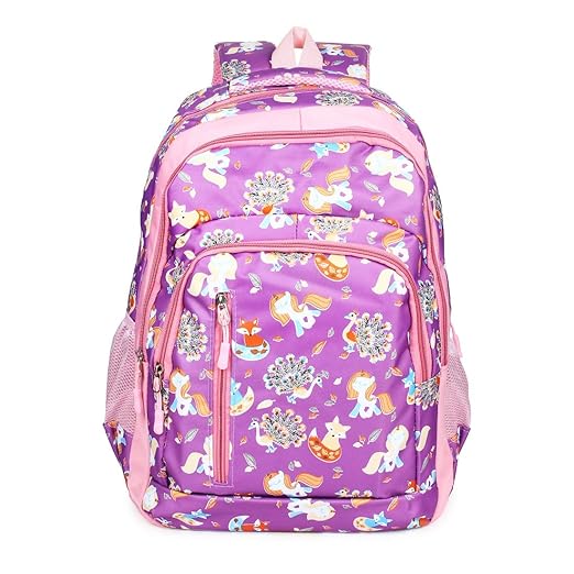 OnlineWorld Unicorn Girls Purple and Pink Polyester Synthetic Casual Lightweight Print Water-Resistance Backpack with Padded Strap