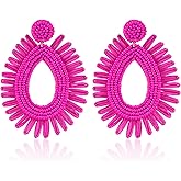 Raffia Statement Beaded Earrings Boho - Handmade Teardrop Dangle Earrings for Summer Beach Vacation