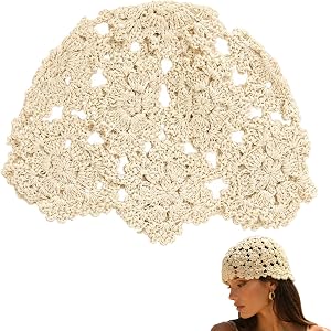 1pc Crochet Skull Cap for Women, Cotton Floral Beanie Hat White | Cotton crochet cap with floral hollow knit is soft, breatha
