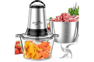 BETTERLEE Meat Grinder, 500W Powerful Food Processor with Handle, 2 Bowls(8 Cup+8 Cup)-Includes 1 Set of Bi-Level Blades, Electric Veggie Chopper for Family, Baby Food, Nuts, Grains