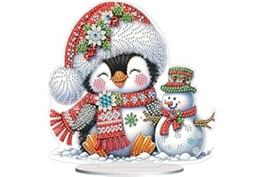 JJFox DIY Tabletop Diamond Art Painting Kit，7.67x7.55inch Special Shaped Rhinestone Desk Placement Ornament，Home Stand Up Gem Painting Craft Kit，Double Sided(Christmas Penguins and Snowmen)