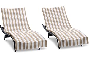 ARKWRIGHT LLC Arkwright California Chaise Lounge Cover - Pack of 2 - Striped Soft Cotton Cabana Towel with Pocket Holder for Beach Pool Outdoor Chair, 30 x 85 in., Beige