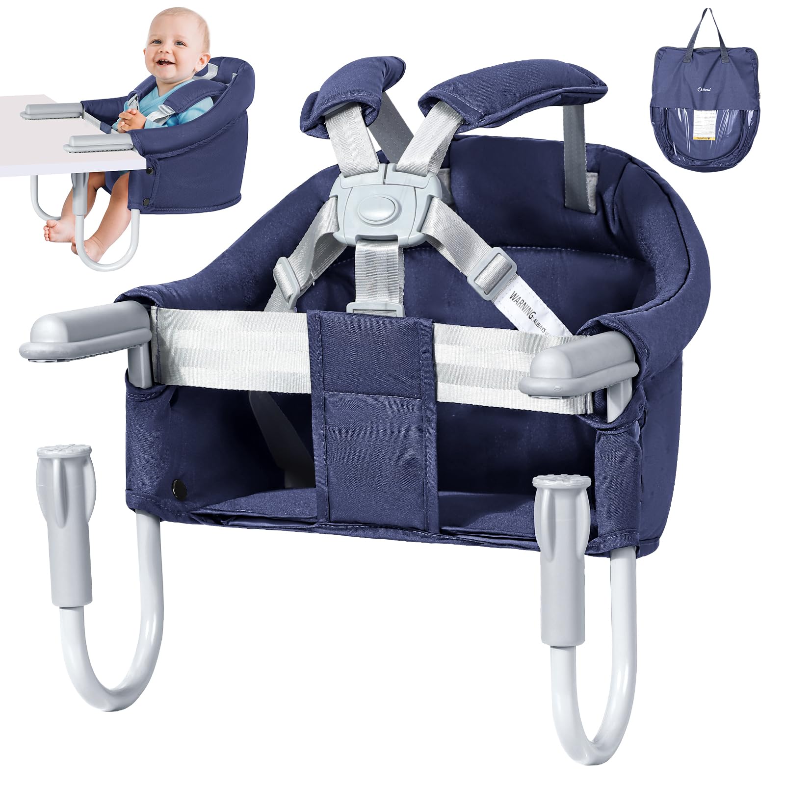 Orzbow Hook-on Seats,Portable Hook on High Chair with 5-Point Safety Harness,Shoulder Strap Mats and Removable Seat Cushion,Stable Clip on Baby Chair for Home and Restaurant (Dark Blue)