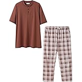 Keyocean Mens Pajama Set, Soft Cotton Short-Sleeve T-Shirt & Long Pants PJ Set for Sleeping