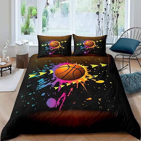 Amazon Com Basketball Bedding Set Boys Flowers Duvet Cover Set Sports Theme Comforter Cover For Teens Kids Child Black Paint Color Splash Art Gift Collection Decorative 3 Pcs Full Size Home Kitchen