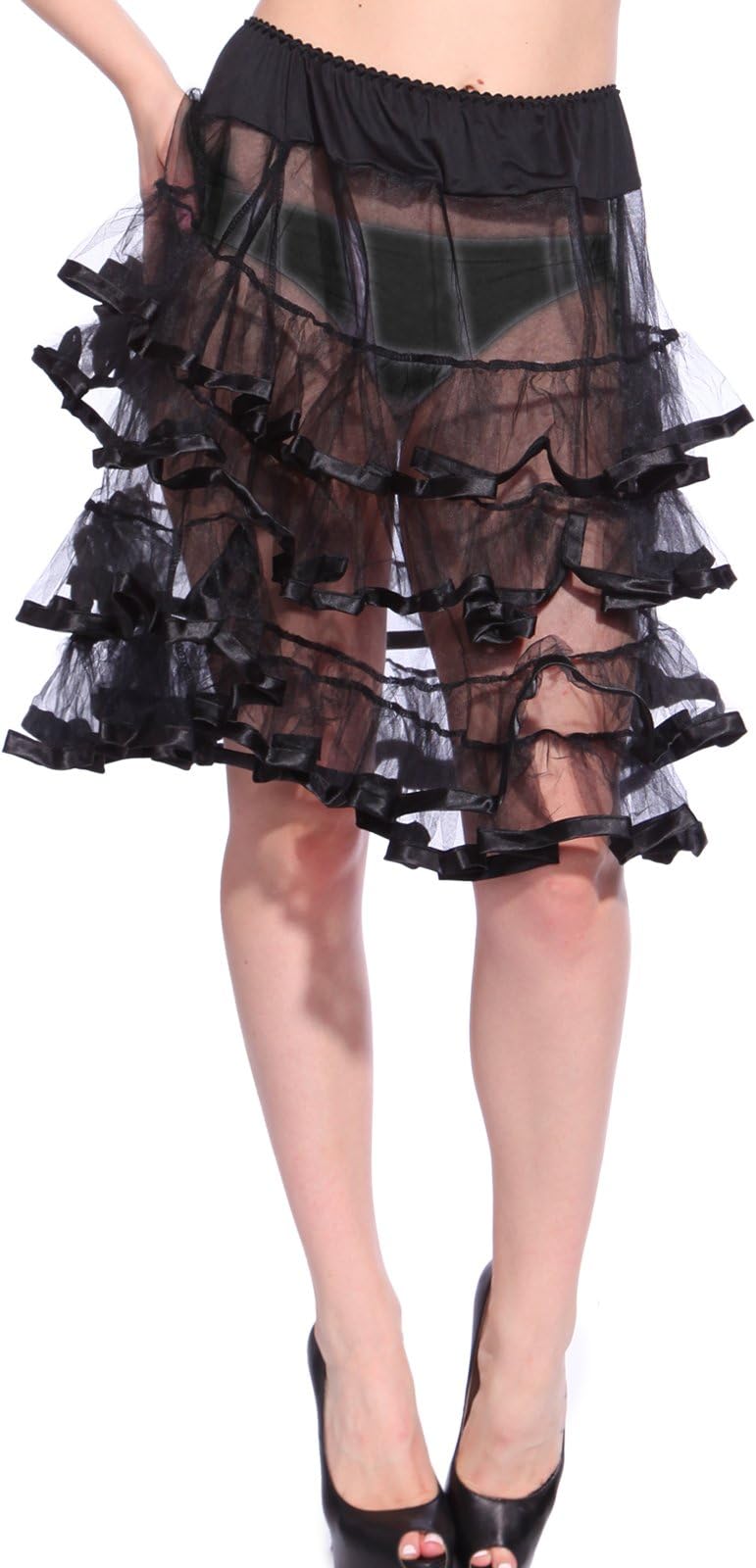 22" Vintage Style 1950's 60s Gothic Rockabilly Mesh Petticoat Pettiskirt Ruffled four layered frill Tutu Rockabilly Fancy Dress Costume Midi Length Crinoline Jupon uk 8-16 [ Black ]