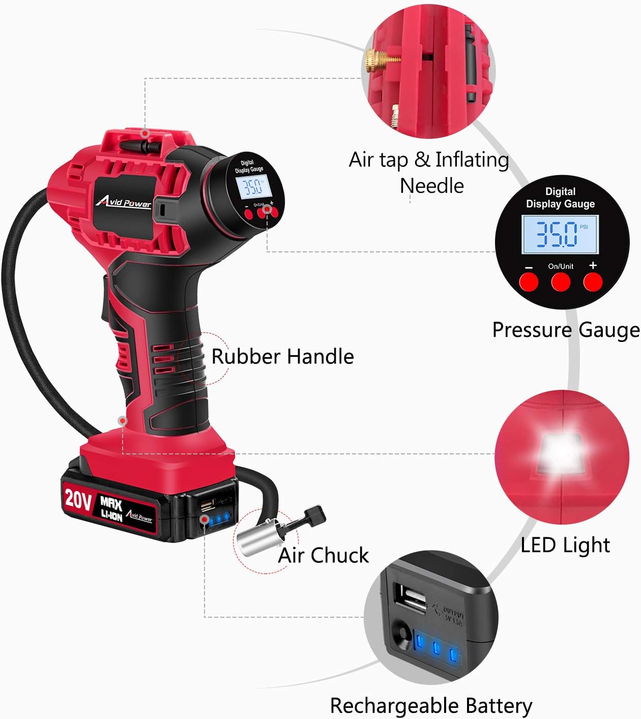 Avid Power Tire Inflator Air Compressor, 20V Cordless Car Tire Pump with Rechargeable Li-ion Battery, 12V Car Power Adapter, Digital Pressure Gauge: Automotive