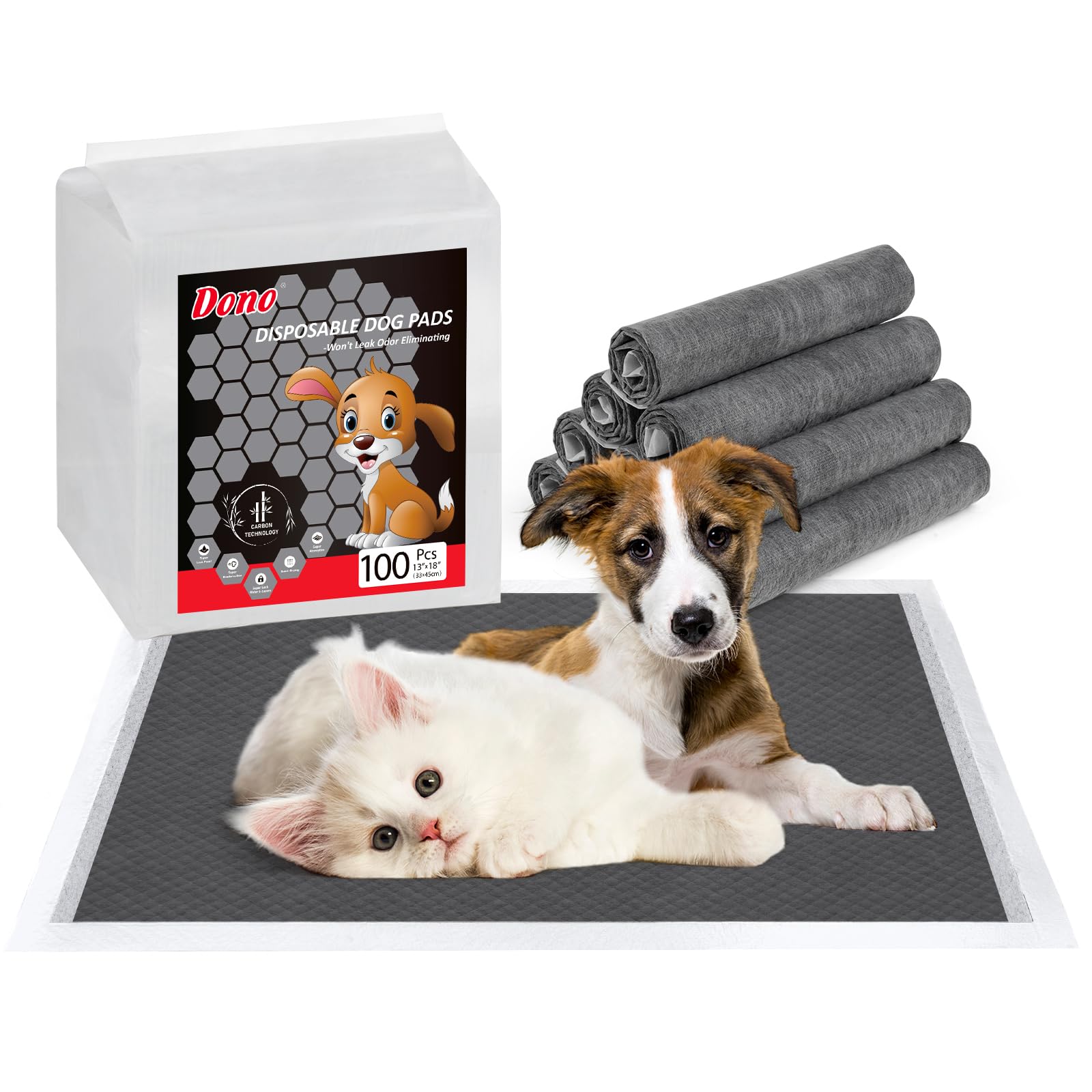 Dono Puppy Pads, Dog Training Pads, 100 PCS, Charcoal Dog Pad for Small Dogs, Rabbits, Guinea Pigs, Puppy Pee Pads, Toilet Pads for Crate, Car, House, 33*45