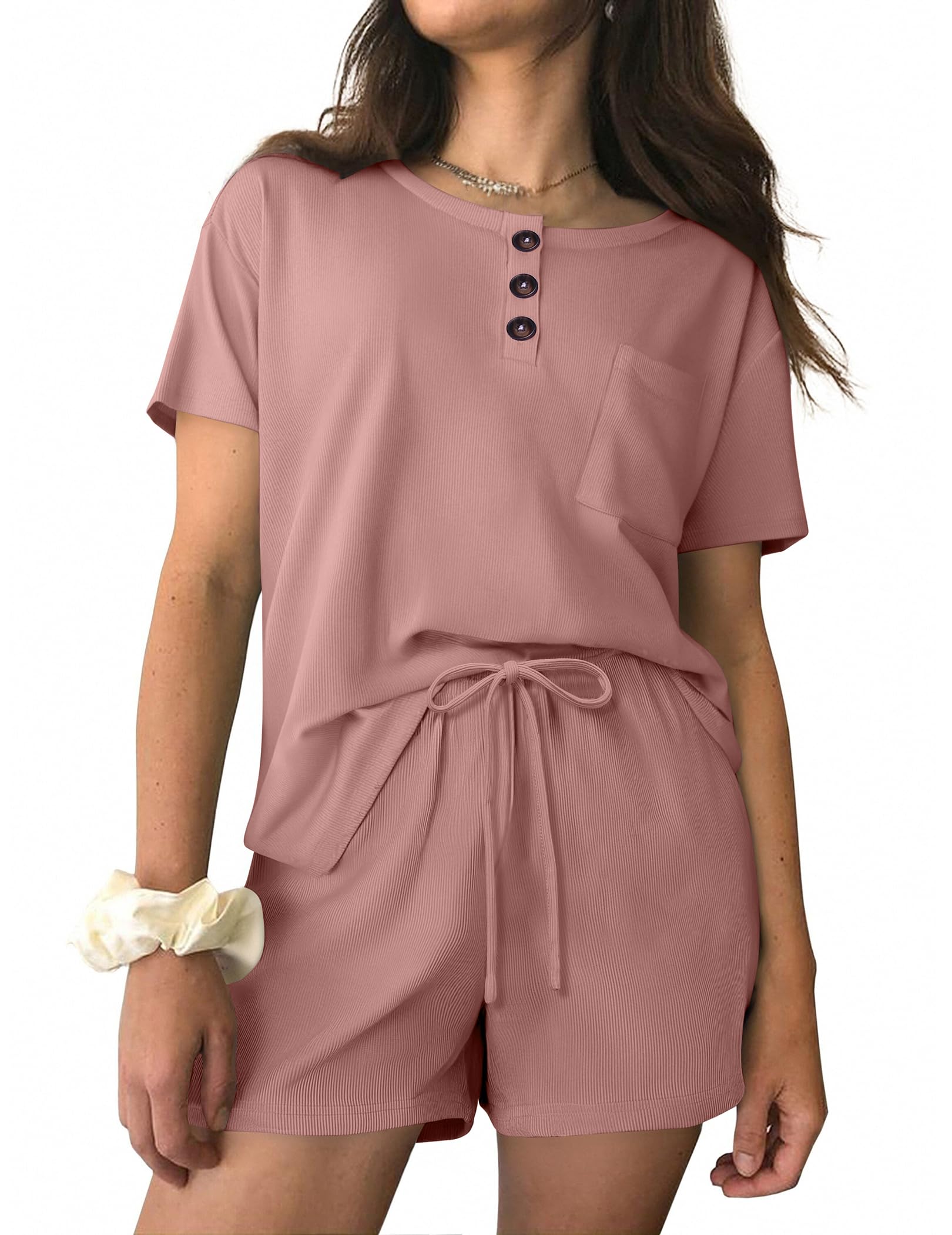 Ekouaer Womens Pajama Sets 2 Piece Ribbed Knit Pjs Short Sleeve Soft Sleepwear Summer Lounge Sets,Dark Pink,L