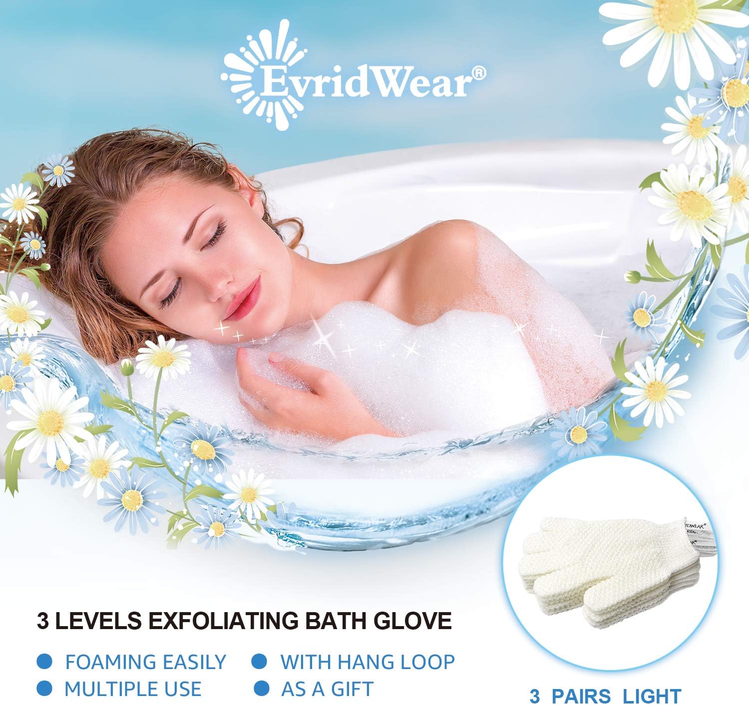 Evridwear Exfoliating Gloves for Bath, Shower Deep Cleaning Acne and Dead Skin Removal, Woman Girl Light Moderate or Heavy Level,3 Pairs Pack (White): Health & Personal Care