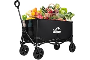 Ladkou Collapsible Foldable Wagon, Heavy Duty Beach Wagon Cart with 140L Capacity and 330LBS Load, Portable Utility Grocery Wagon for Outdoor Camping Garden, Black