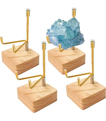 Lot De 4 Présentoirs En Métal Et Cristal Sur Socle Bois - Support Pour Minéraux, Cristaux, Petites œuvres D'art Ou Objets De Collection