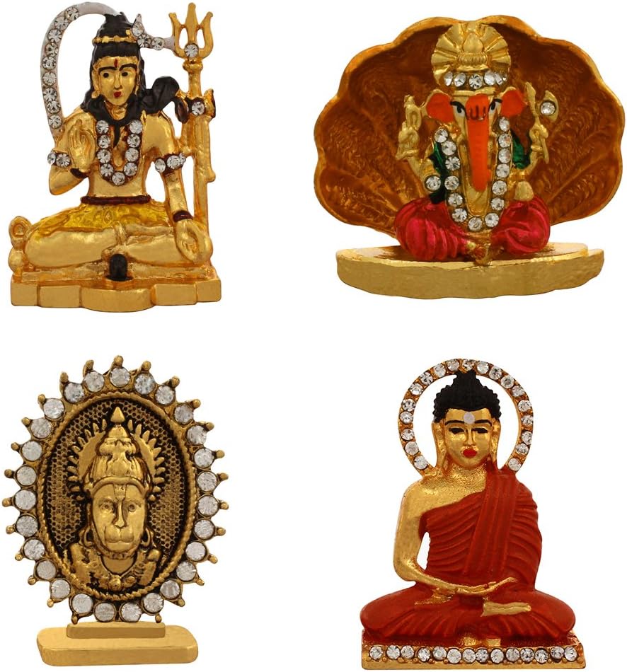 ART N HUB Combo 4 Brass Statue Lord Shiva, Hanuman, God Ganesh, Budhha Idol Pooja Mandir/Home Temple & Car Dash Board Showpiece