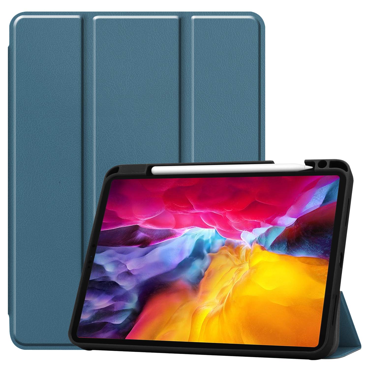 Tri-fold Stand Case for iPad Pro 11-inch 2021 with Pencil Holder, PU Front and TPU Back Full-Body Protective Tablet Magnetic Flip Cover【Apple Pencil Charging + Auto Sleep/Wake】 (Dark Green)