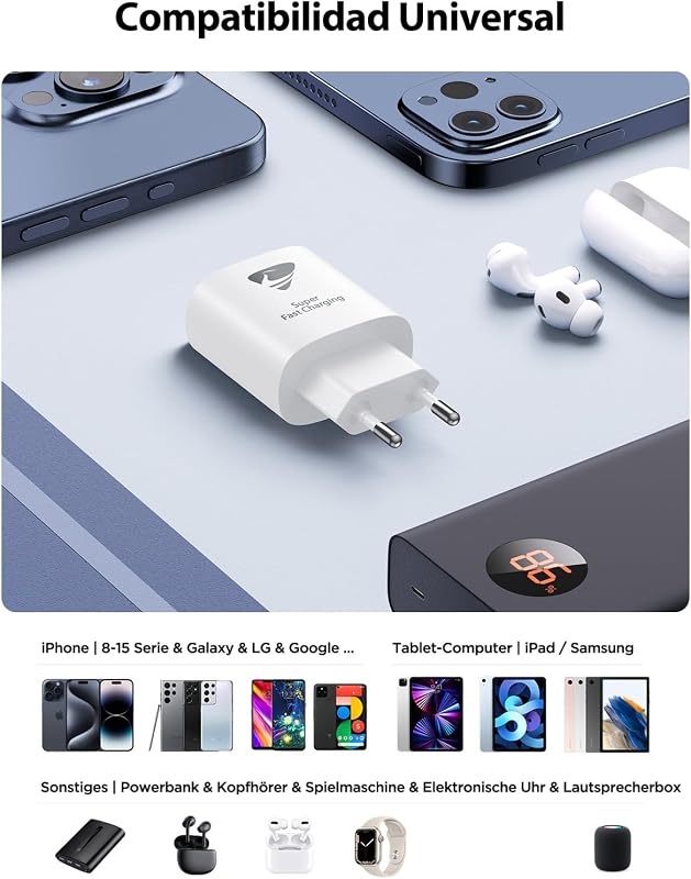 Cargador USB C 25W 2Pack, Cargador iPhone Carga Rapida PD 3.0 Adaptador Tipo C Cabezal, Movil Enchufe USBC para iPhone 16 Pro Max/15/14/13/12/11, Samsung, iPad