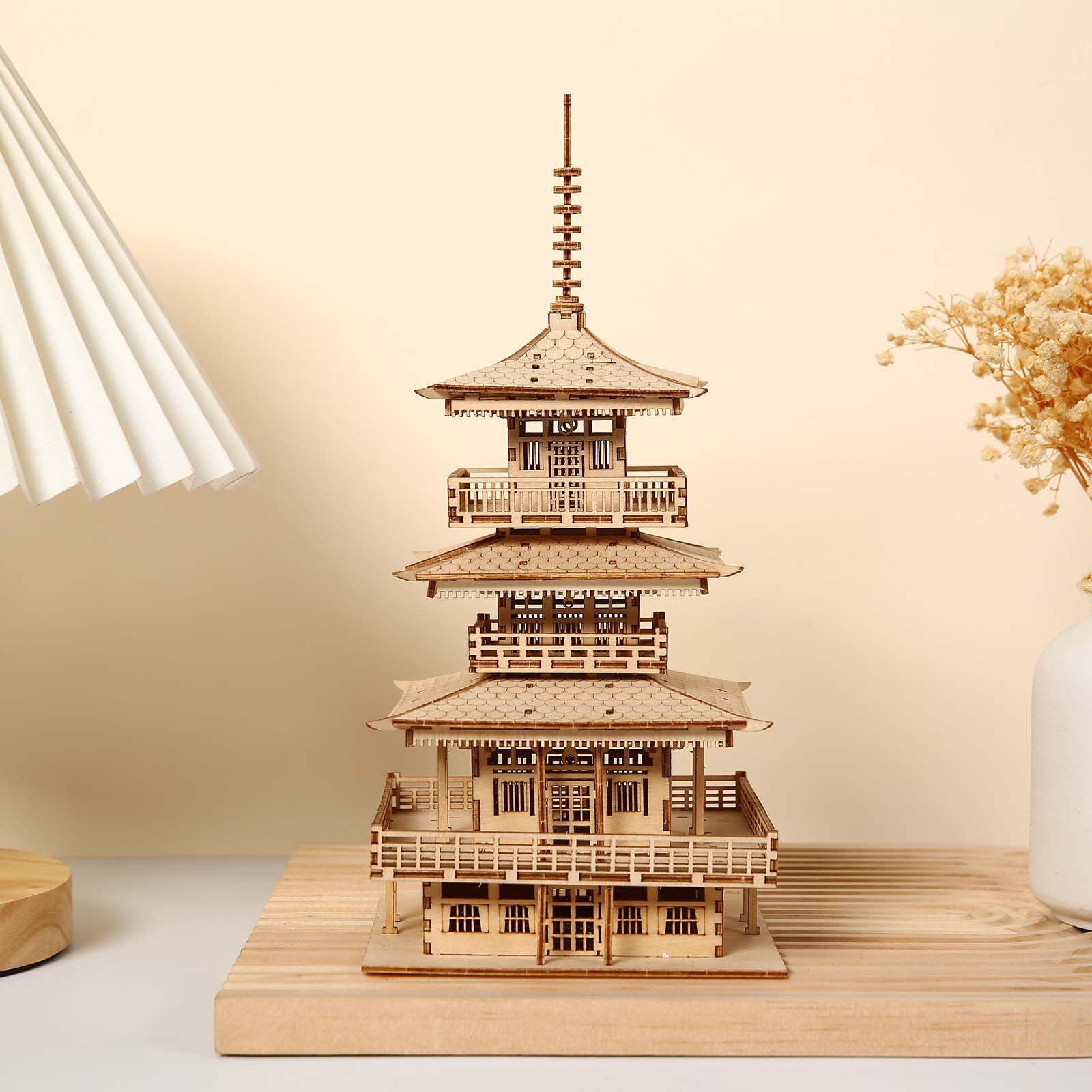 Hallisun 3D Wooden Puzzles for Adults, Wooden Triple Pagoda Model Building, DIY Three-Storied Pagoda 3D Puzzle Pavilions Construction Craft, Self Assembly Japanese Temple Model Kit Gift Decor 196 PCS