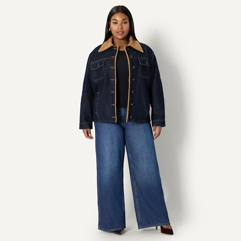 Giacca di Jeans Oversize Imbottita da Donna con Fodera in Montone Sintetico Donna, Risciacquo, M