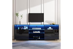 St.Mandyu LED TV Stand for 65/75 inch TV, Modern Television Table Center Media Console with Drawer and Led Lights, High Glossy Entertainment Center for Living Game Room Bedroom(Black)¡