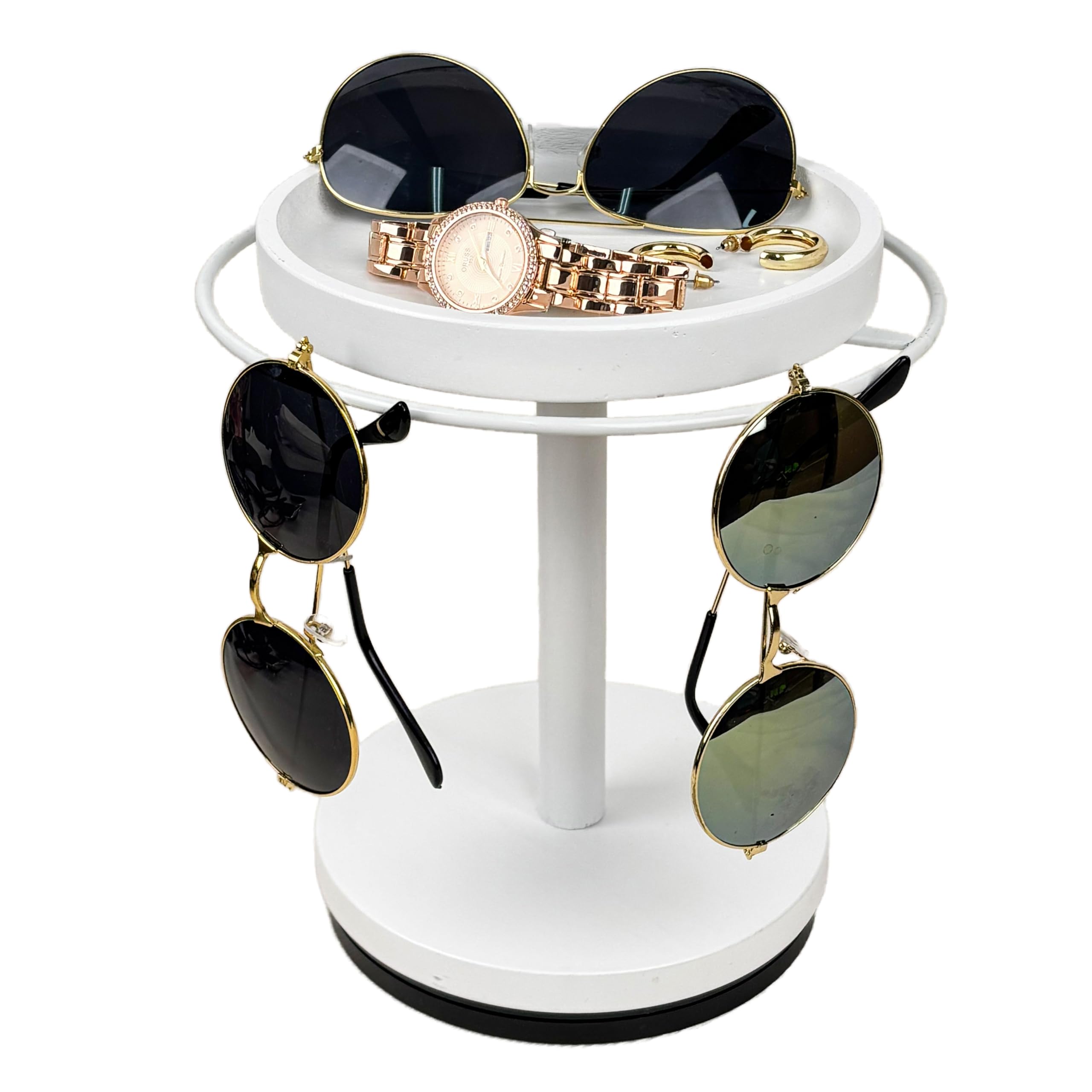 Photo 1 of LingLingo Sunglasses Organizer 360° Rotating Eyeglass Holder Stand with Wood Tray and Base, Eye Glass Display Rack for Multiple Sunglass Storage for Table Dresser Nightstand Desk (White)