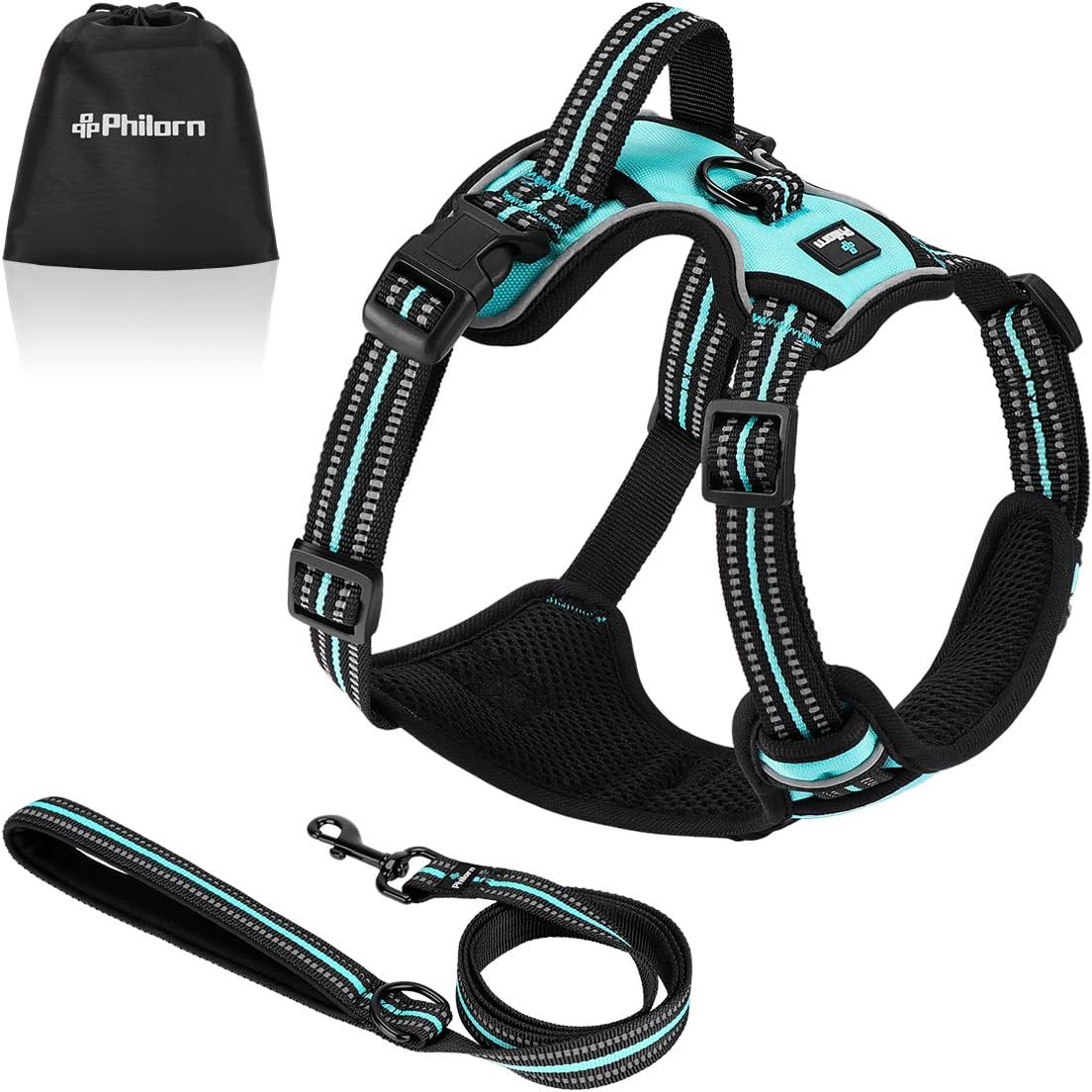 PHILORN No Pull Dog Harness with 1.5m Leash, Adjustable Front Clip Dog Vest Harness, Soft Mesh Padded Vest with Reflective Stitching, Handle and 2 Rings, Easy Control For Small, Medium, Large Dog (L)