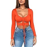 Mizoci Women's Sexy Ruched Tie Up Crop Top Basic Long Sleeve Cut Out T Shirt