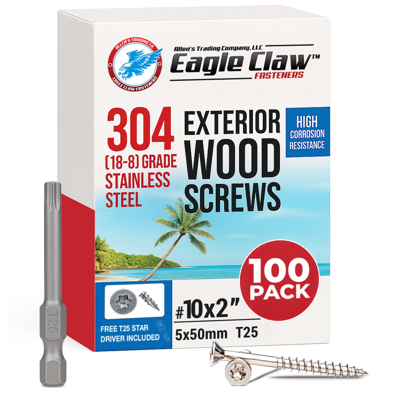 Eagle Claw Tools and Fasteners 10 x 2 Inch (5 X 50mm) A2 (304) Grade Stainless Steel Deck Screws 100 Box T25 Star Drive Included