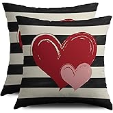 Valentines Day Pillow Covers 18X18 Set of 2, Red Pink Love Heart Valentine's Pattern Black Striped Print Decorative Throw Pillow Covers Outdoor Farmhouse Holiday Cushion Case Couch Sofa Bed Decor
