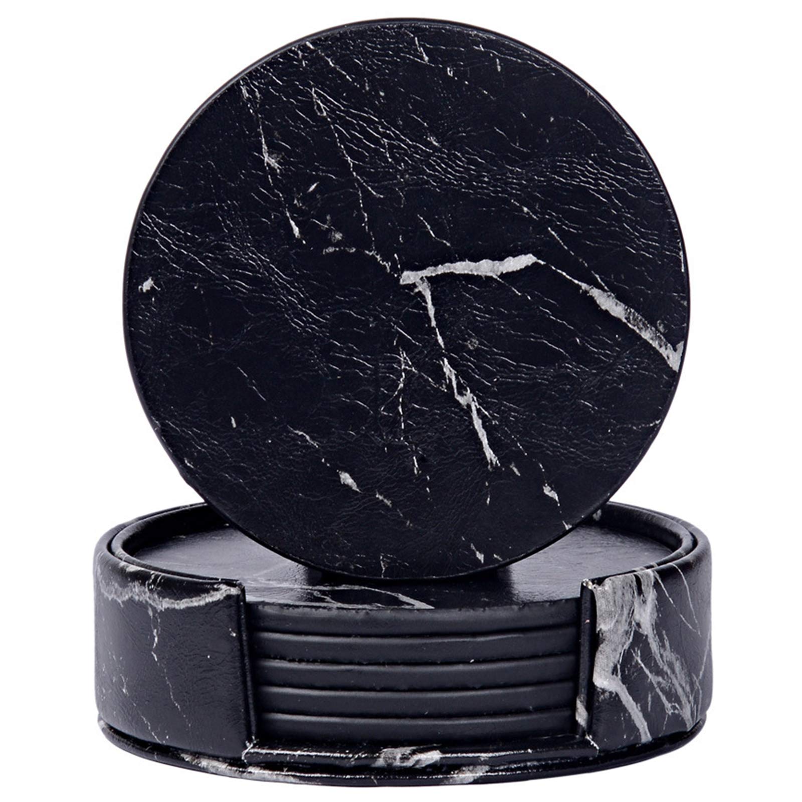 Leather Coasters for Drinks with Holder Set of 6,Coffee Mats Protect Furniture from Hot or Cold Water Marks & Damage, PU Leather Drink Coasters Suitable for Kinds of Mugs and Cups (Black Marbling)