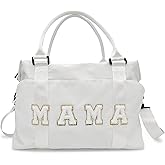 Chenille Letter Duffle Bag, Mama Bag With Patches, Nylon Chenille Letter Embroidered Travel Bag, Lightweight Adjustable Mom Hospital Bag With Zipper for Mothers Day Gifts (White)