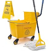 Kefanta 35 Qt Side Press Wringer Commercial Mop Bucket on Wheels Set,Yellow | 1 Heavy Duty Industrial Mop for Floor Cleaning and Wet Floor Caution Sign