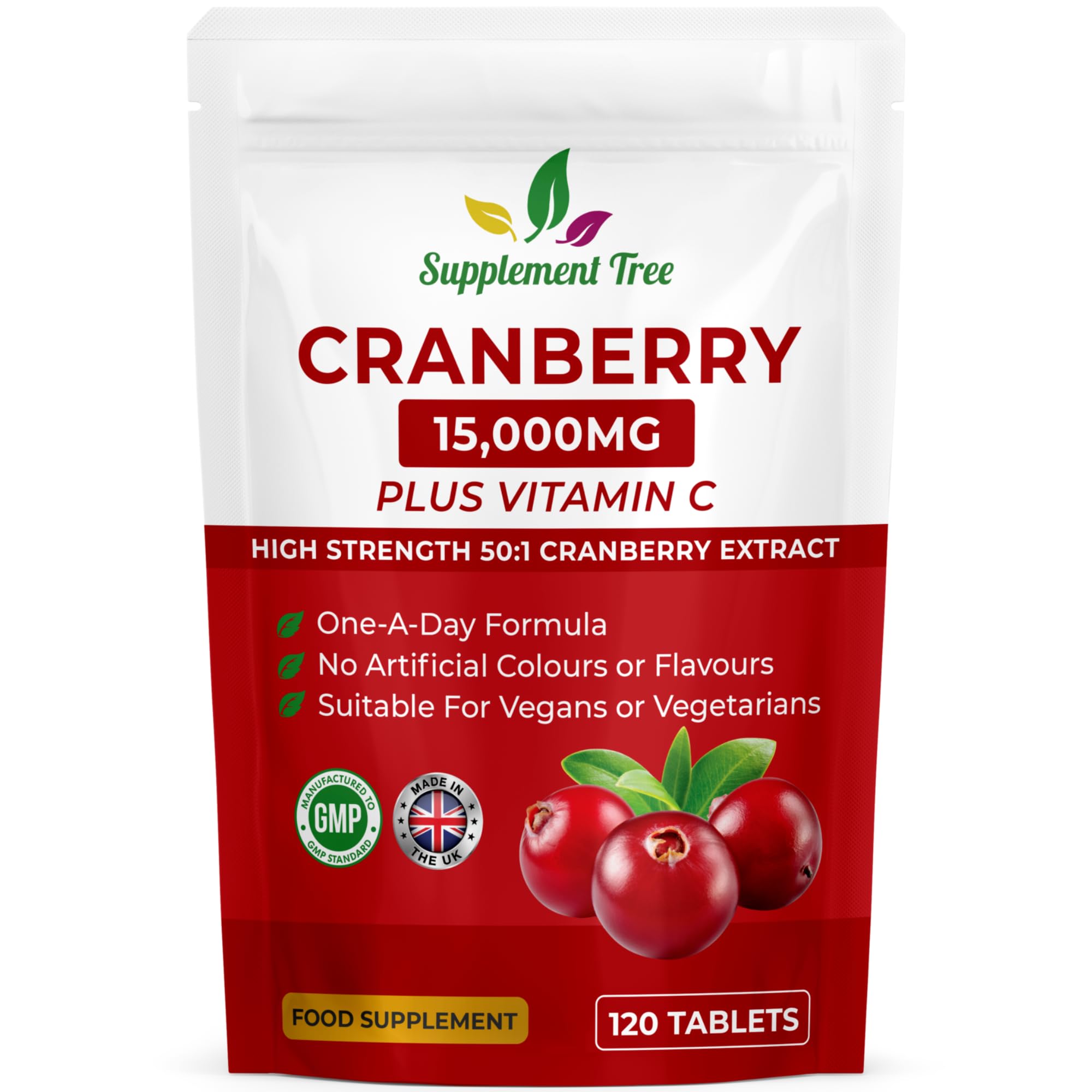 Triple Strength Cranberry Tablets 15,000mg | 120 Vegan Tablets with VIT C | High Strength Cranberry Extract Tablet for Men & Women | Cranberry Pills Supplement | UK Manufactured