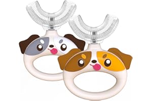 SUPERZZKKE Toddler Toothbrush - U Shaped Cute Dog Toothbrush Kids with Food Grade Soft Silicone Brush, 360° Manual Oral Teeth Cleaning Design for Infant & Age 1 2 3 4, 2 PCS