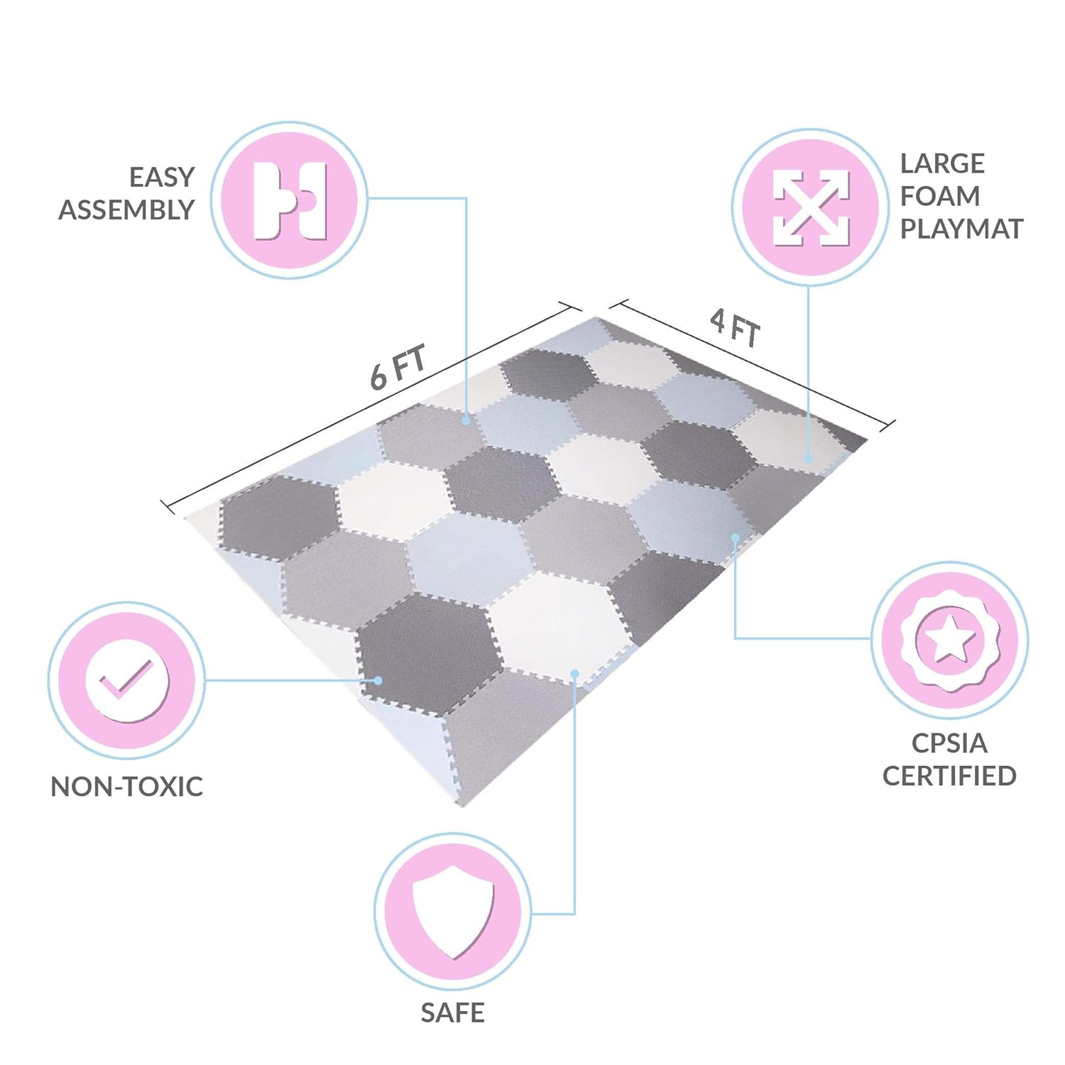 Baby Brielle Interlocking Hexagon Floor Foam Tile Activity Mat for Tummy Time, Crawling, and Playing Ultra Thickness Playmat for Infants and Toddlers for Nursery Room in Grey/White : Baby