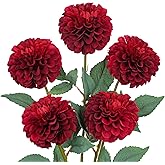 Hollyone 5PCS Artificial Dahlia Flowers Fall Decor 21.2" Fake Silk Flowers Red Real Looking Autumn Dahlia with Long Stems for DIY Wedding Bouquets Centerpieces Arrangements Party Home Fall Decorations