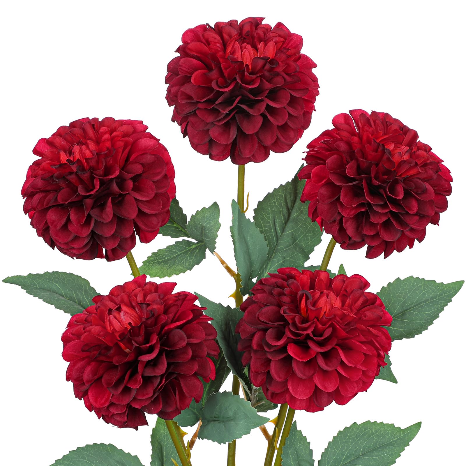Photo 1 of Hollyone 5PCS Artificial Dahlia Flowers Fall Decor 21.2" Fake Silk Flowers Red Real Looking Autumn Dahlia with Long Stems for DIY Wedding Bouquets Centerpieces Arrangements Party Home Fall Decorations