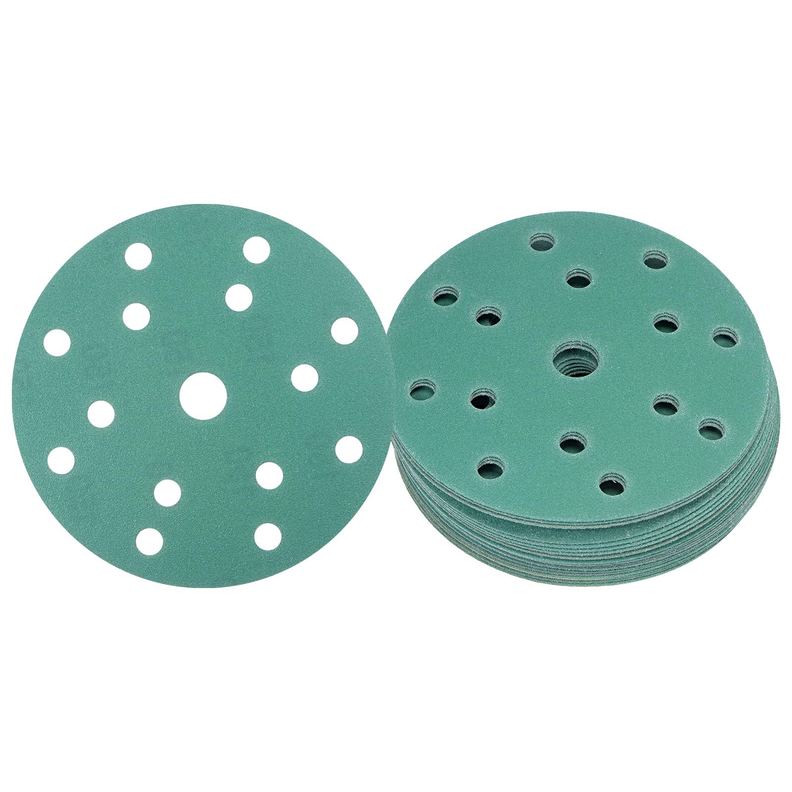 Kozelo 25pcs Green Film Sanding Discs - [6 Inch 150 Grits 15 Hole ] Round Aluminum Oxide Hook & Loop Film Backing Disc Wet Dry Sandpaper for Orbital Sander Use