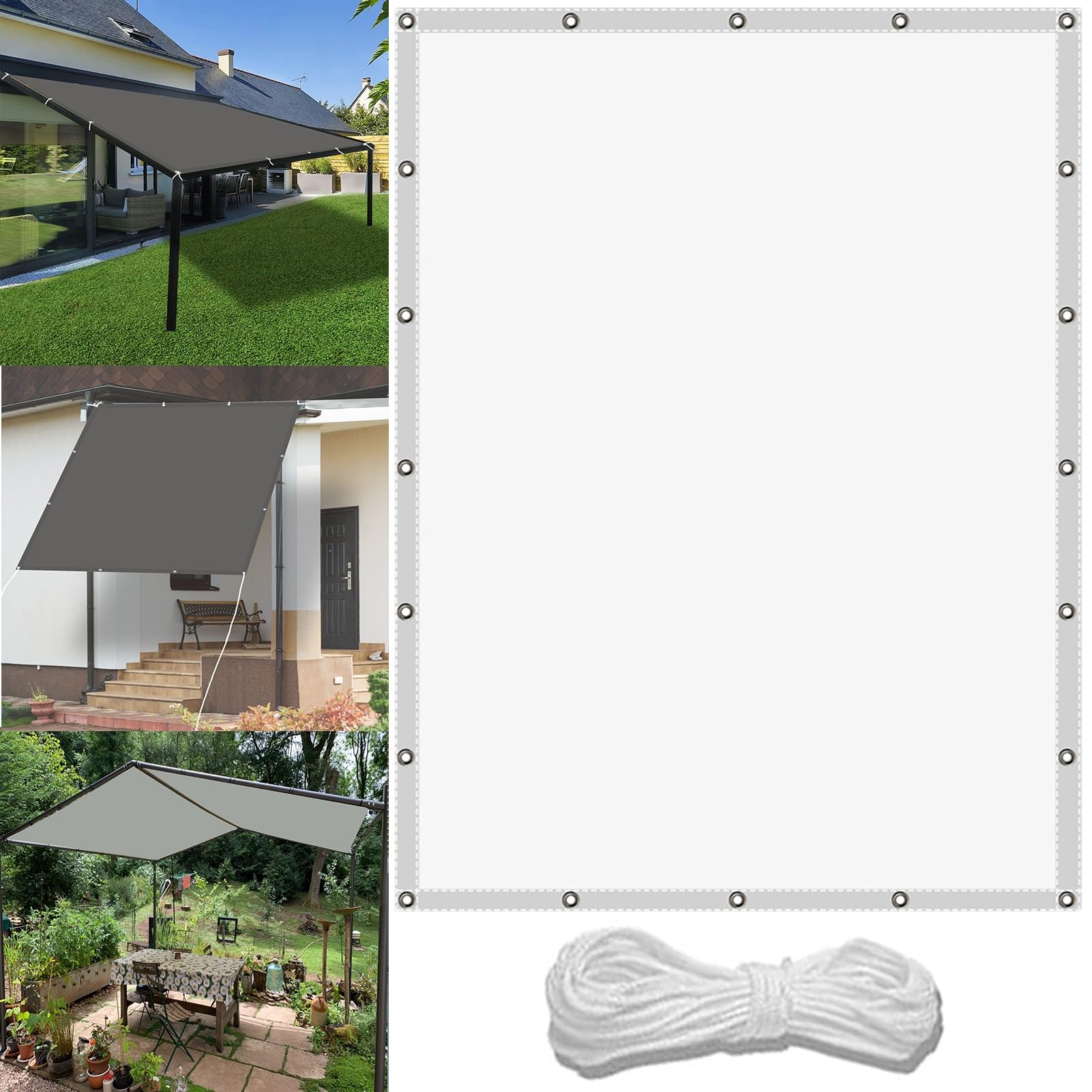 Pergola Canopy Replacement 0.9 x 3 m(3 x 9.8ft) Waterproof Canopy Outdoor with Free Rope UV Block Weather-Resistant with Grommets Pes Shade Cloth for Pool Terrace Greenhouse, White