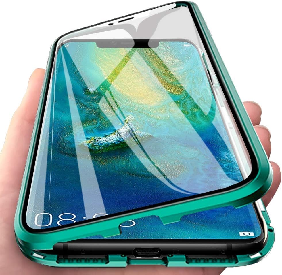 CHENYING Compatible for Xiaomi Redmi Note 8 Pro Case Flip Cover Magnetic Adsorption Metal Aluminum Frame Transparent Front and Back Tempered Glass Ultra thin 360 Degree Fully Screen Protective,Green