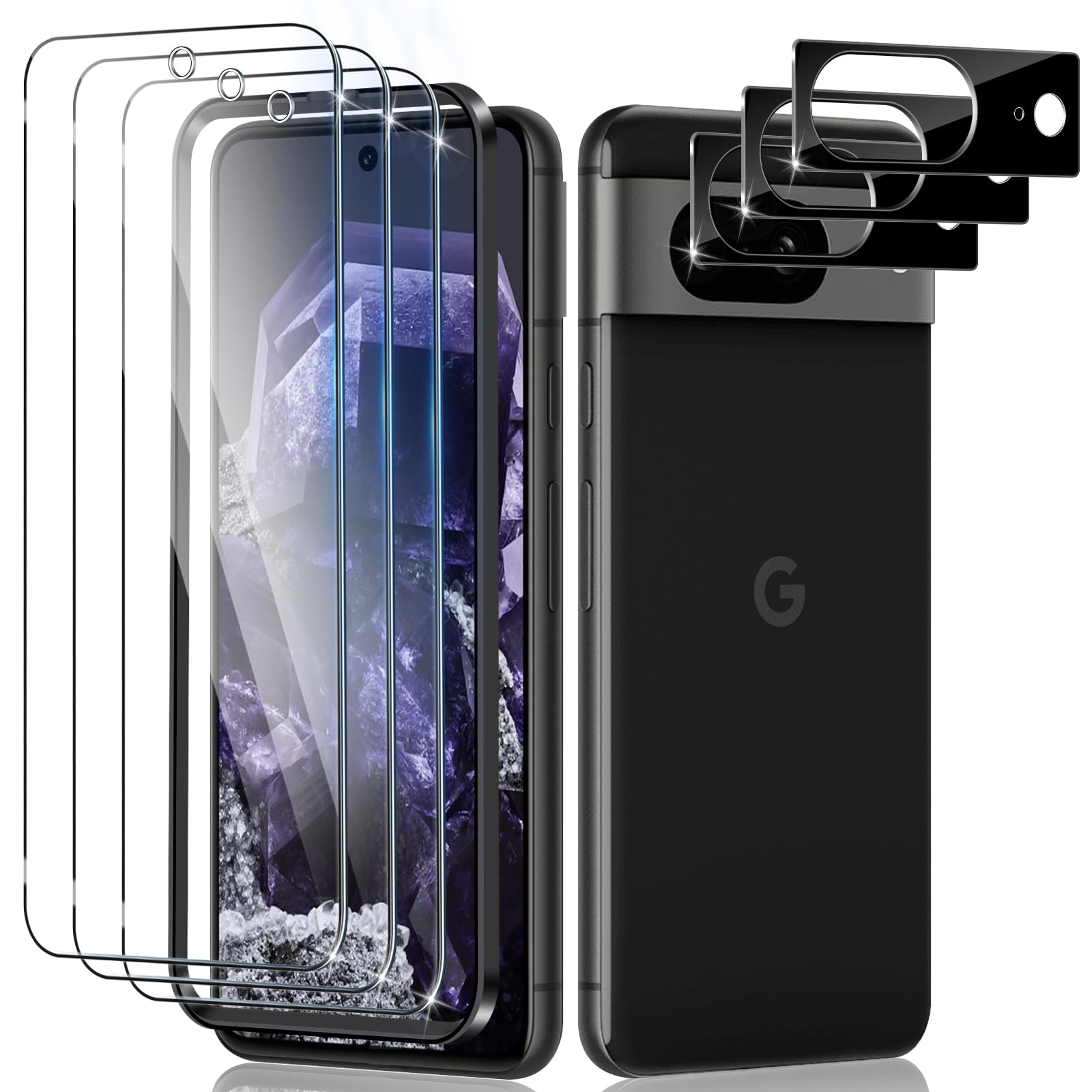 LiiLaa Google Pixel 8 Tempered Glass Screen Protector, Pack of 6 with 3 Pieces Camera Protection, 9H Surface Hardness, Ultra Clear Protective Glass