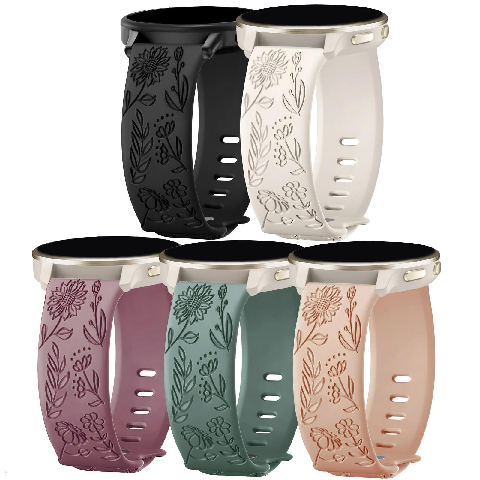 TUCOMO 5 Pack Floral Engraved Watch Bands Compatible with Garmin Venu 3S /2S / Venu 4 41mm /Vivoactive 4S /Vivomove 3S,18mm Soft Silicone Sport Straps for Garmin Forerunner 255s/265S Women