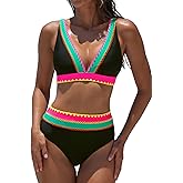 popvil High Waisted Bikini Sets for Women Two Piece Bathing Suits Neon Swimwear V Neck Full Coverage Swim Suits 2026
