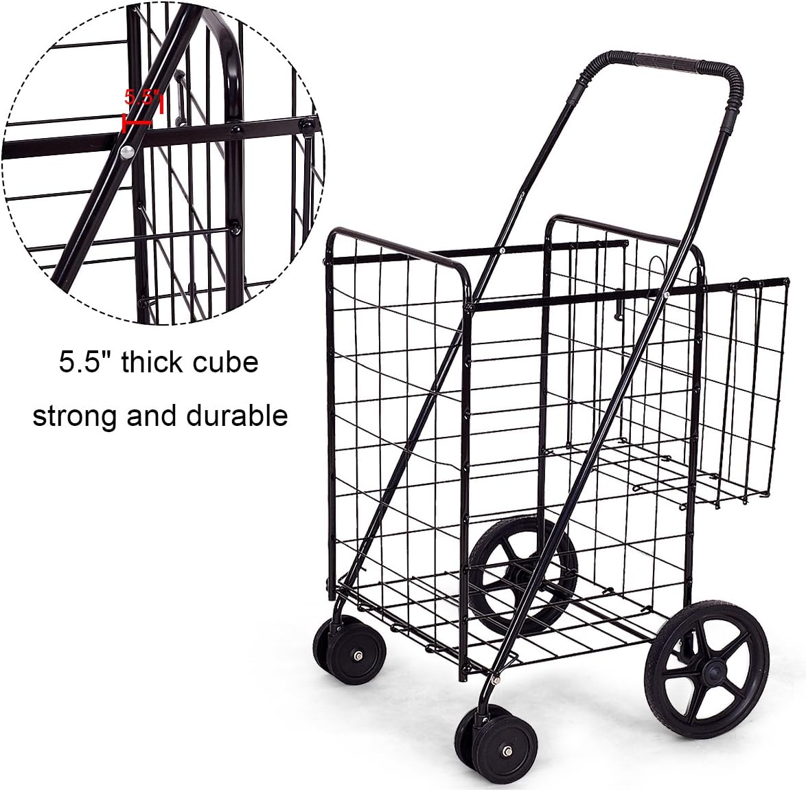 Goplus Folding Shopping Cart Jumbo Double Basket Perfect for Grocery Laundry Book Luggage Travel with Swivel Wheels Utility Cart (Black) : Office Products