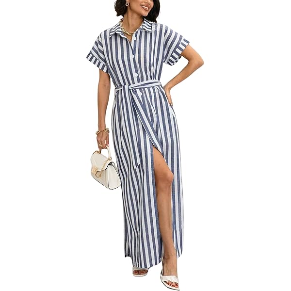 Women's Trendy Wide Striped Dress Button Up Short Sleeve Side Split Cotton Maxi  Shirt Dresses with Belt (XS, Dark Blue) at Amazon Women's Clothing store