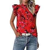 PRETTYGARDEN Women's Ruffle Short Sleeve Summer Tops 2026 Trendy Floral Trim Neck Casual Dressy Chiffon Boho Blouses Shirts