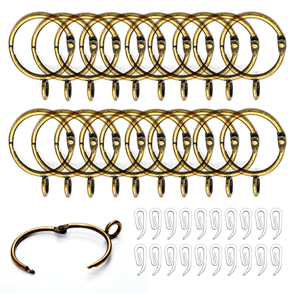 Brass Curtain Rings and Hooks, 20pcs - 32mm Internal Diameter, Antique Bronze, Easy to Open/Close