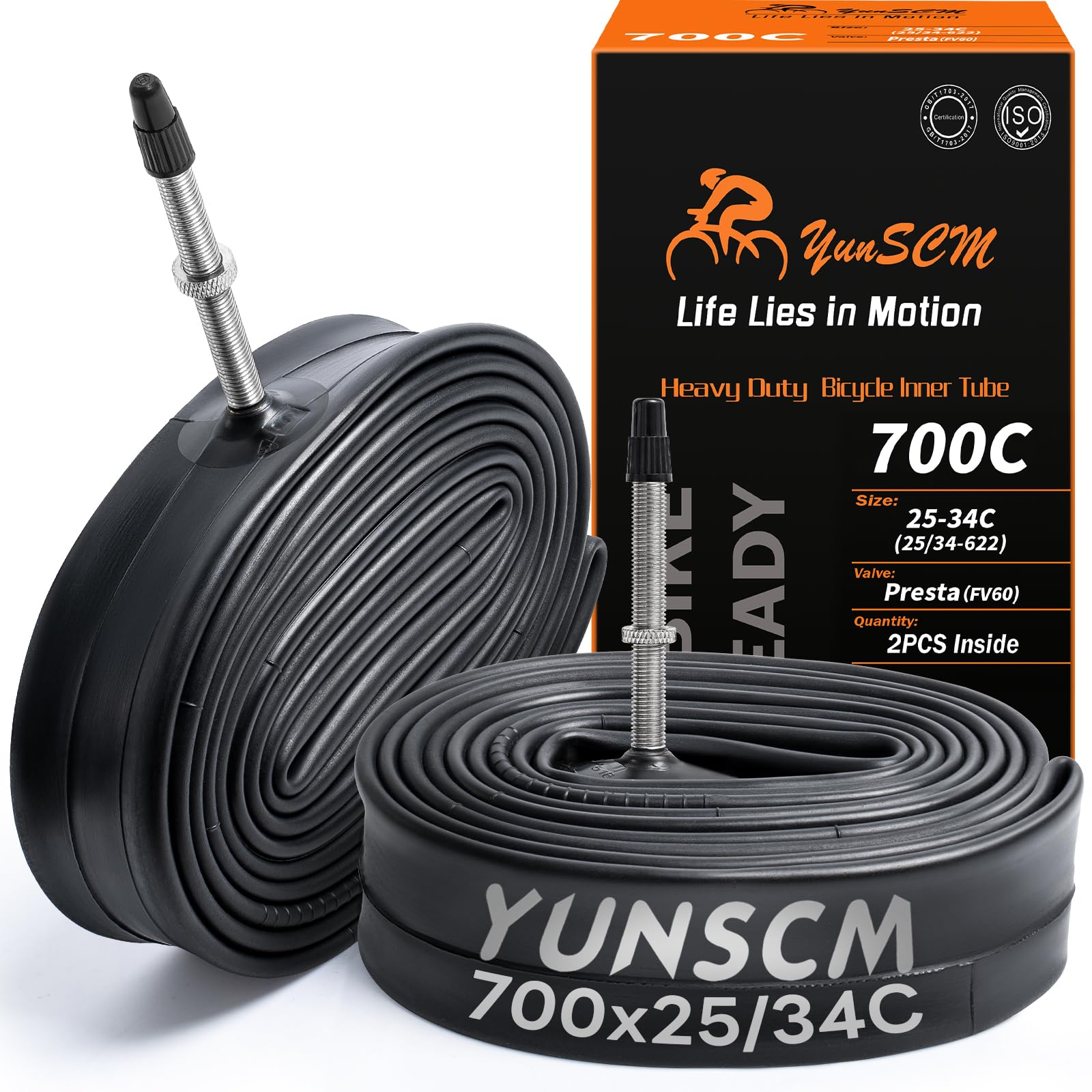 YunSCM 2PCS 700C Heavy Duty Bike Inner Tubes 700x25C 700x28C 700x30C 700x32C 700x34C 25/34-622 28" Bicycle Tubes FV60 Long Presta Valve Compatible with 700x25/34C MTB/Moutain/Gravel/Road Bike Tyre