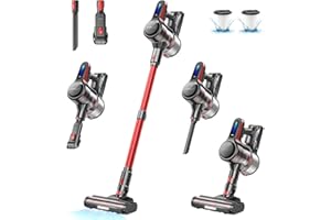 CHEBIO Cordless Vacuum Cleaner, Stick Vacuum with 26Kpa Powerful Suction, 45Mins Runtime Rechargeable Vacuum, Anti-Tangle & 1.5L Dust Cup, 6-in-1 Lightweight Vacuum for Hardwood Floor/Carpet/Pet Hair