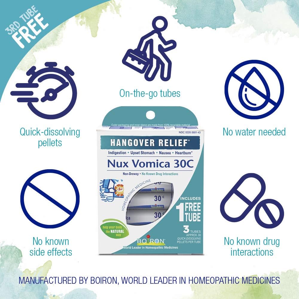 Boiron Nux Vomica 30C, 3 Tubes (80 Pellets per Tube), Homeopathic Medicine for Hangover Relief: Health & Personal Care